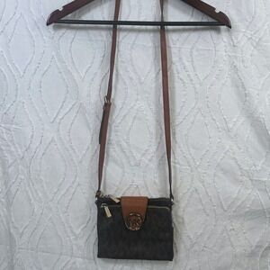Michael Kors MK Crossbody Purse Wallet Bag Brown Monogram Leather Gold Trim